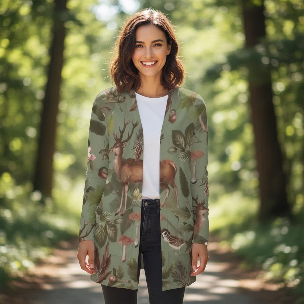 Cottagecore Green Forest Deer Cardigan Damen Strickjacke Mit Taschen von EcoKarmaStyles