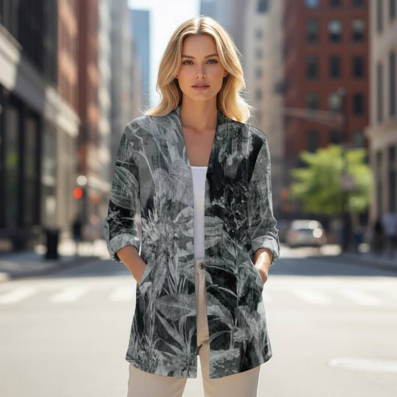 Damen Langarm-strickjacke Mit Taschen - Dark Botanical Leaf Print Schwarzgrau von EcoKarmaStyles