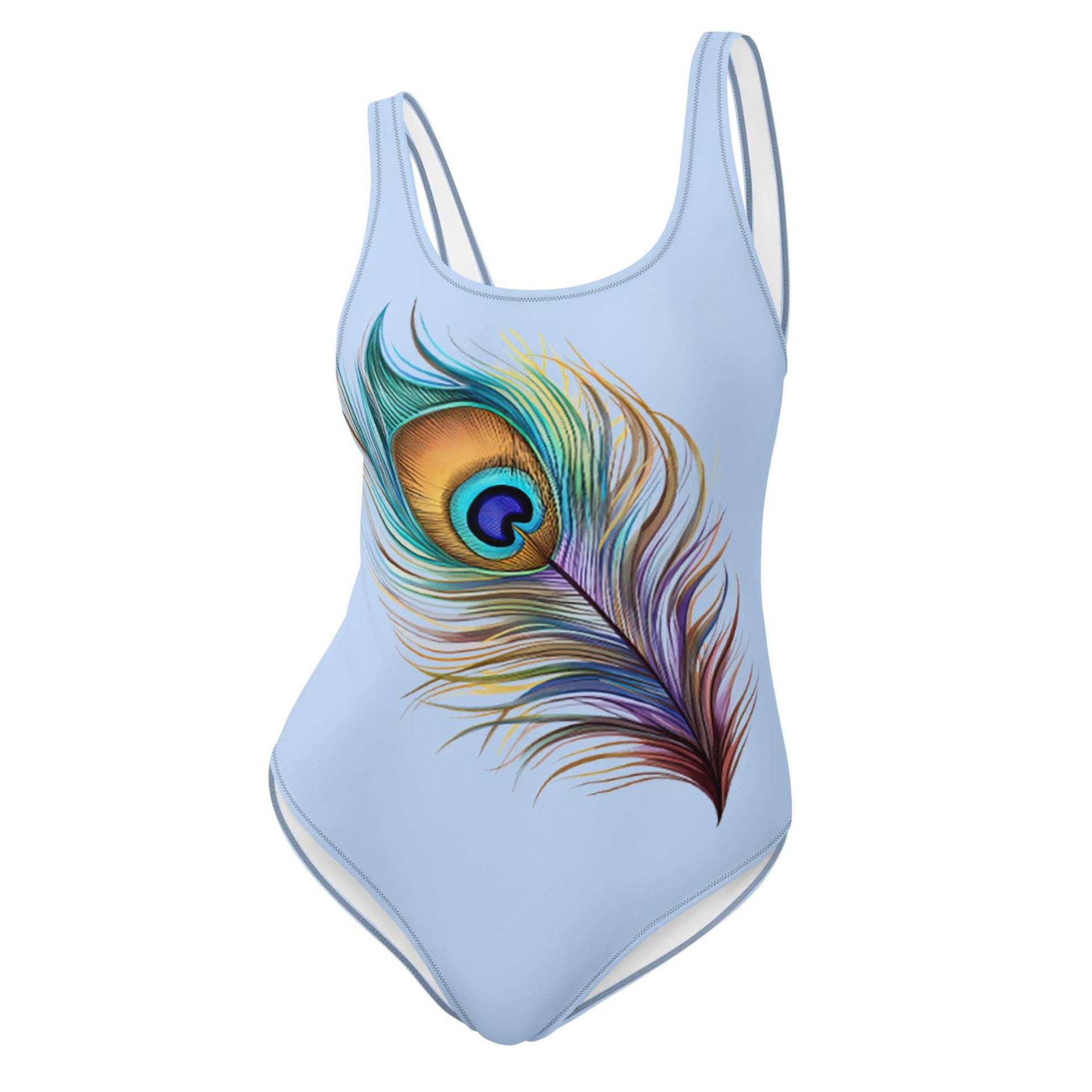 Einteiliger Badeanzug Hellblau Pfauenfeder Curvy Plus Size Große Größen von EcoKarmaStyles