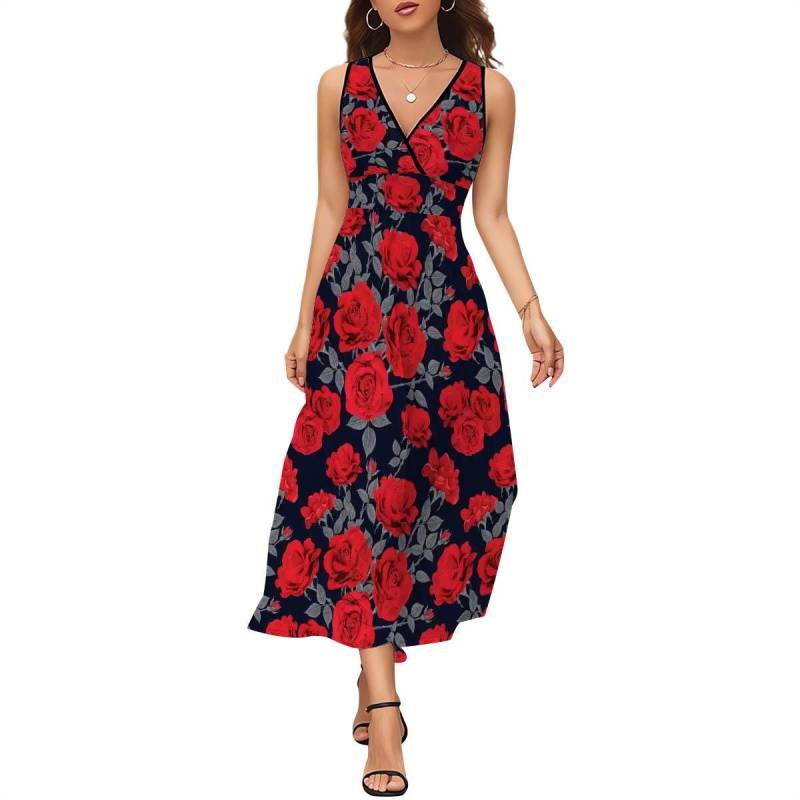 Rot & Schwarze Rosen Maxi Kleid Curvy Fit Gothic Cottagecore Fashion von EcoKarmaStyles
