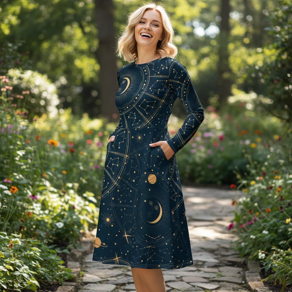 Langärmliges Midikleid Mit Allover-Druck Astrologie Blau Gelb Planeten Mond Sterne von EcoKarmaStyles