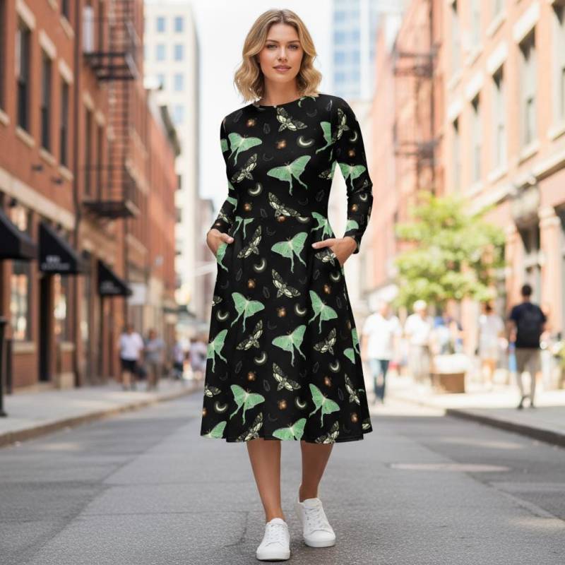 Langärmliges Midikleid Mit Allover-Druck Gothic Dark Academia Motten Mond Glühwürmchen von EcoKarmaStyles