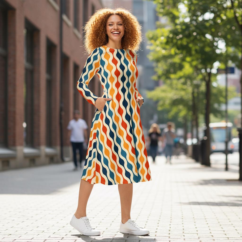 Langärmliges Midikleid Mit Allover-Druck Retro 70Er Jahre Muster von EcoKarmaStyles