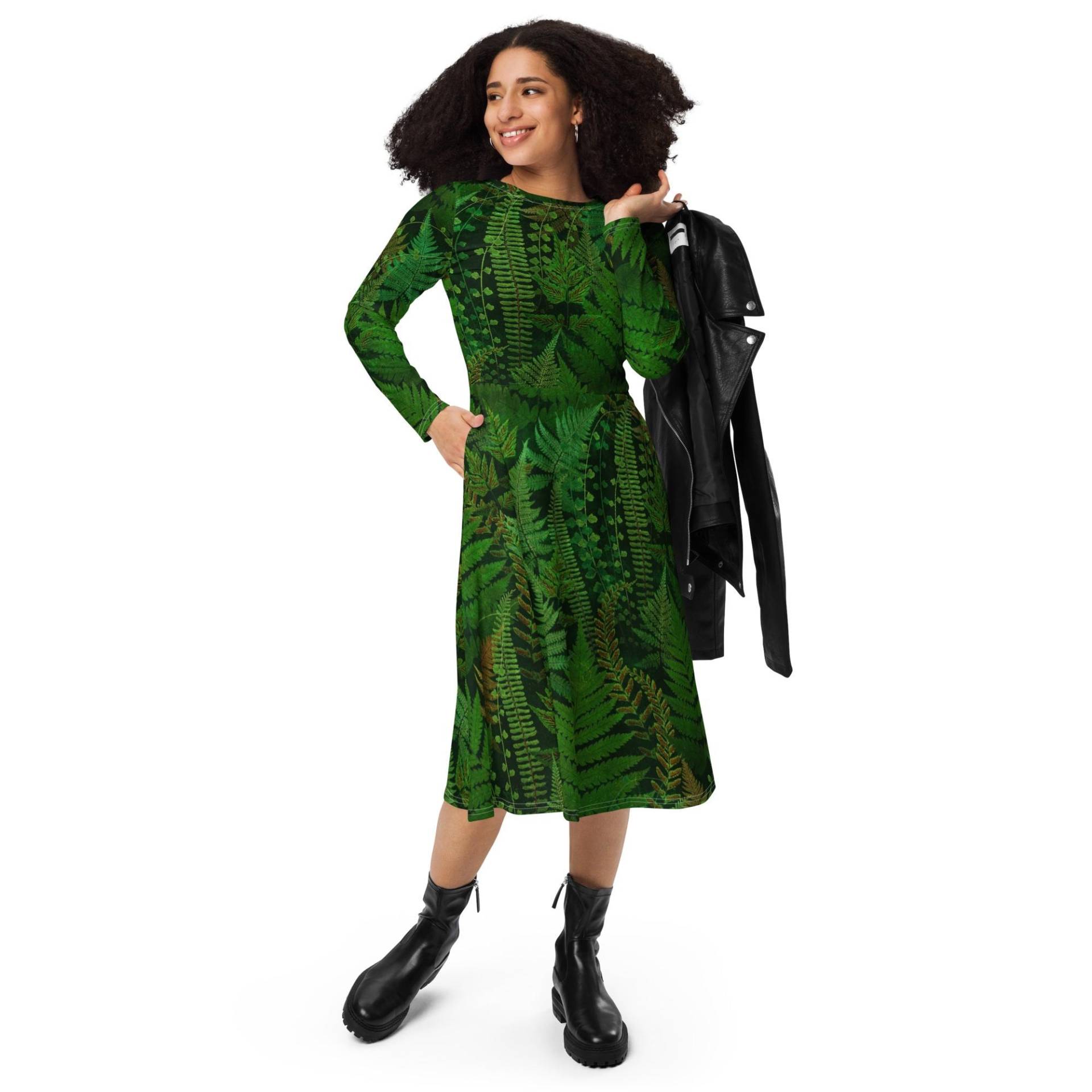 Langärmliges Midikleid Mit Allover Wald Farn Dark Academia Druck Langärmliges Midikleid Mit Allover Wald Farn Dark Academia Druck von EcoKarmaStyles