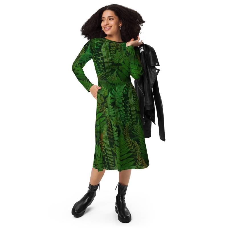 Langärmliges Midikleid Mit Allover Wald Farn Dark Academia Druck Langärmliges Midikleid Mit Allover Wald Farn Dark Academia Druck von EcoKarmaStyles