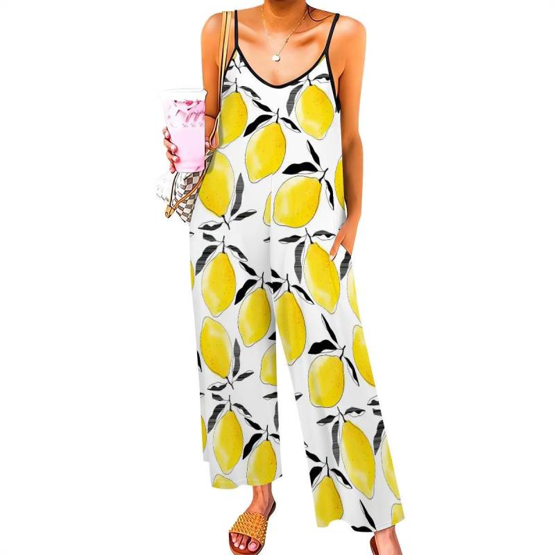 Plus Size Lemon Print Jumpsuit Ärmelloser Sommer-strampler, Verstellbare Hosenträger von EcoKarmaStyles