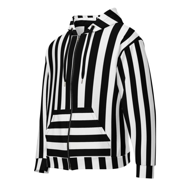 Recycelter Unisex Zip-Hoodie Schwarz Weisse Blockstreifen, 80Er 90Er Jahre Retro Vintage Style von EcoKarmaStyles