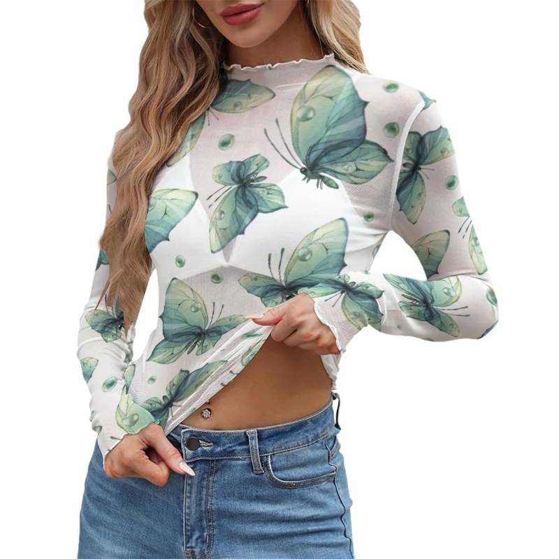 Schmetterling Pastell Grünes Netz Top - Frauen Durchsichtig Shirt Plus Größe von EcoKarmaStyles