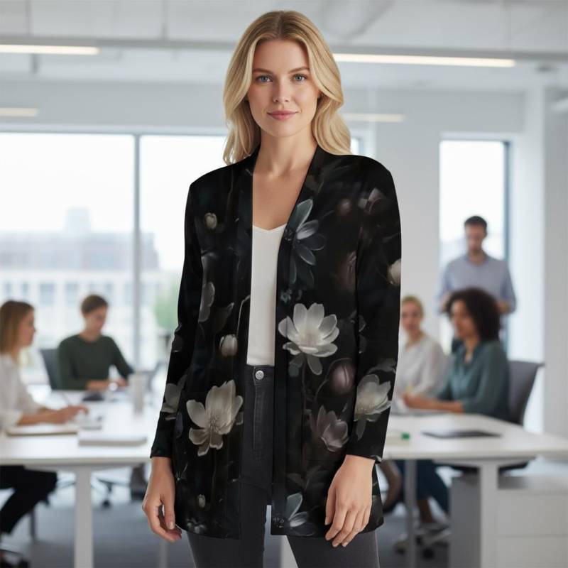 Schwarz Floral Damen Langarm Cardigan - Stretch Strick Layering Stück Mit Taschen von EcoKarmaStyles