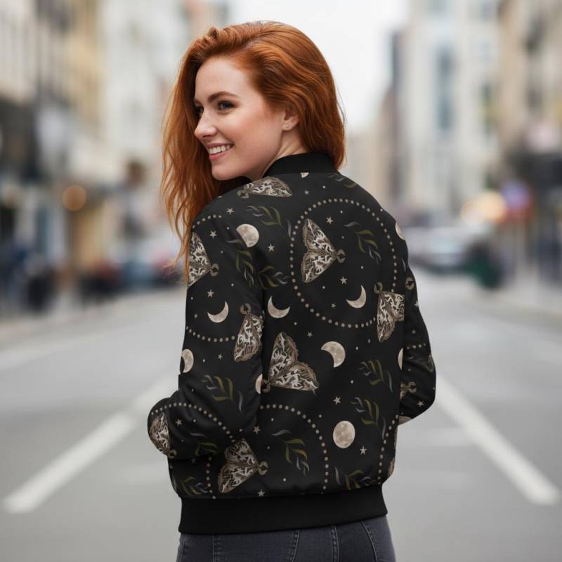 Schwarze Gothic Damen Boho Bomberjacke | Motten Mond Design Hexerei Oberbekleidung Mode von EcoKarmaStyles