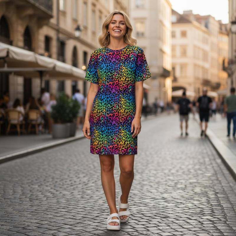 T-Shirt-Kleid Regenbogen Leoparden Muster Animal Print Minikleid, Große Größen Plus Size, Lockeres Sommerkleid von EcoKarmaStyles