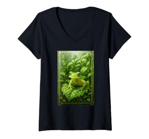 Damen Frosch-Illustration im Glas-Terrarium, Naturkunst T-Shirt mit V-Ausschnitt Damen Frosch-Illustration im Glas-Terrarium, Naturkunst T-Shirt mit V-Ausschnitt von EcoStyle