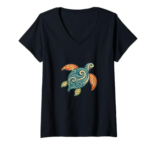 Damen Schützen Sie unsere Ozeane Die Natur der Fraktalschildkröten T-Shirt mit V-Ausschnitt von EcoWave Designs