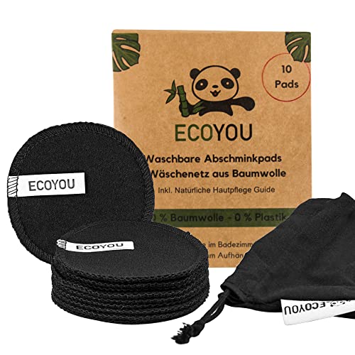 EcoYou waschbare Abschminkpads aus Bio-Baumwolle - wiederverwendbare Wattepads in schwarz 10 Pads inkl Wäschenetz zur Aufbewahrung als Wattepadspender - Zero Waste Make up remover + DIY Rezepte Guide von EcoYou