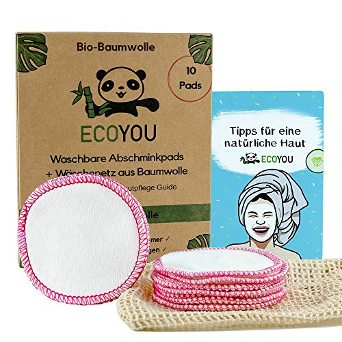 EcoYou Abschminkpads Waschbar aus BIO-Baumwolle 10 St. PINK Zero Waste Wattepads + WÄSCHENETZ aus Baumwolle Make Up Entferner Pads + Hautpflege GUIDE Wiederverwendbare Pads von EcoYou