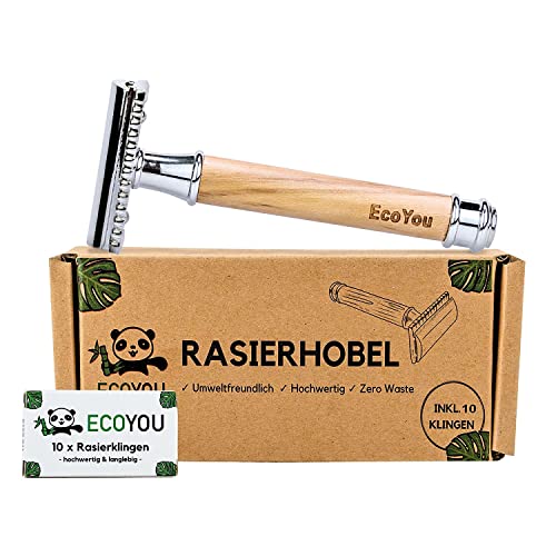 EcoYou Olivenholz Rasierhobel Damen & Herren inkl. 10 Rasierklingen Nachhaltiger Rasierer inkl. E-Book Plastikfreier Zero Waste Nassrasierer Sicherheitsrasierer Safety Razor - geschlossener Kamm von EcoYou