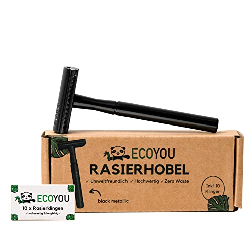 EcoYou Rasierhobel Metall Black inkl. 10 Rasierklingen ZERO WASTE Rasierhobel Damen & Herren, inkl. E-Book Plastikfreier Nassrasierer - Sicherheitsrasierer Umweltfreundlich & Sanft zur Haut von EcoYou