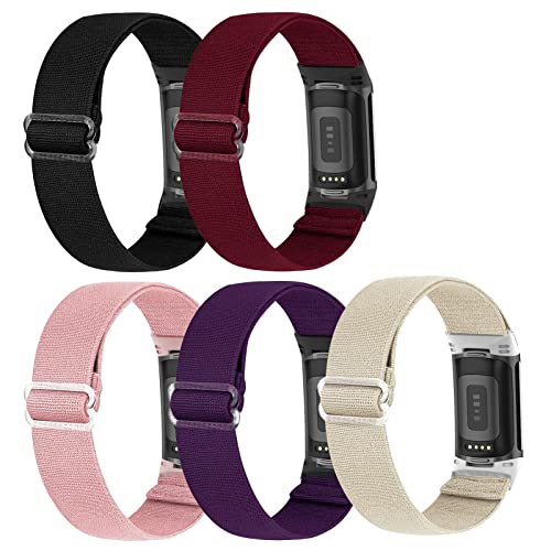 Ecogbd Sport elastisches Ersatzarmband kompatibel mit Fitbit Charge 5 Armband, weiches dehnbares Nylon-Armband für Damen Herren Kinder 5Pack von Ecogbd