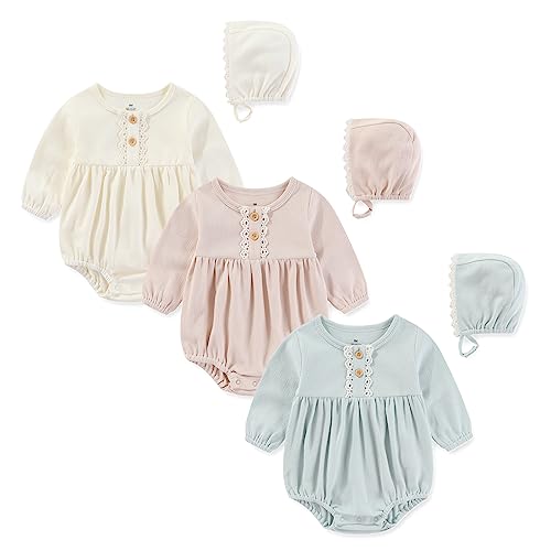 Ecojoy Baby Girl Vest 3PCs Grow Long/Short Sleeve Summer Fall Bodysuit with 3 Headbands/Hats von Ecojoy