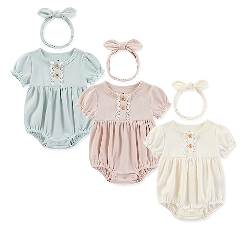 Ecojoy Baby Girl Vest 3PCs Grow Long/Short Sleeve Summer Fall Bodysuit with 3 Headbands/Hats von Ecojoy