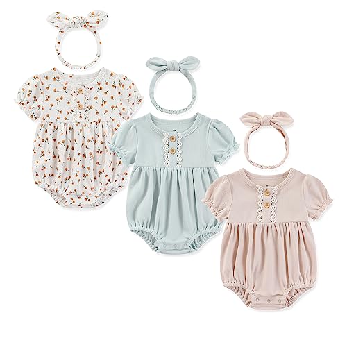 Ecojoy Baby Girl Vest 3PCs Grow Long/Short Sleeve Summer Fall Bodysuit with 3 Headbands/Hats von Ecojoy