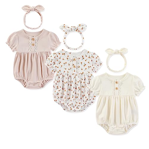 Ecojoy Baby Girl Vest 3PCs Grow Long/Short Sleeve Summer Fall Bodysuit with 3 Headbands/Hats von Ecojoy