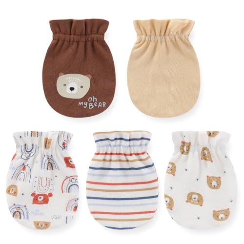 Ecojoy Neugeborenes Baby elastische Scratch Mitten 5 Pcs Tiny Baby Junge und Mädchen Handschuhe Scratch Mits 0-6 Monate,Bär von Ecojoy