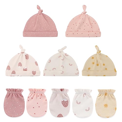 Ecojoy Newborn Baby 5 Mützen und 5 Paar Kratzfeste Fäustlinge für Babys Jungen und Mädchen, Alter 0-6 Monate, 100% Baumwolle, Einheitsgröße, Pfirsichrosa von Ecojoy