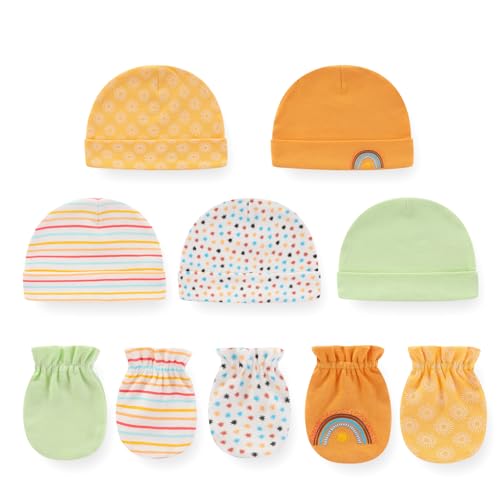 Ecojoy Newborn Baby 5 Mützen und 5 Paar Kratzfeste Fäustlinge für Babys Jungen und Mädchen, Alter 0-6 Monate, 100% Baumwolle, Einheitsgröße, Regenbogen von Ecojoy