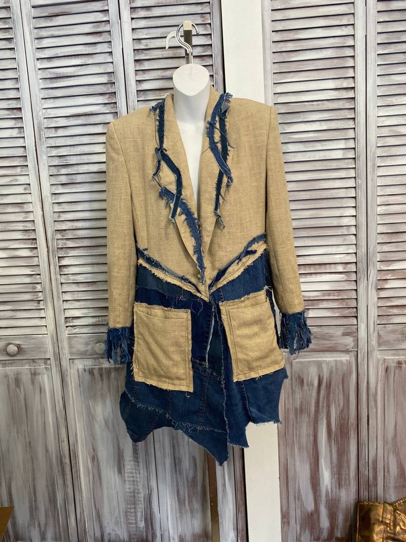 Jeansjacke Upcycled Kleidung Damen Einzigartiger Gehrock Aus Canvas Und Recycelten Jeans - Größe L von EcoloreMode