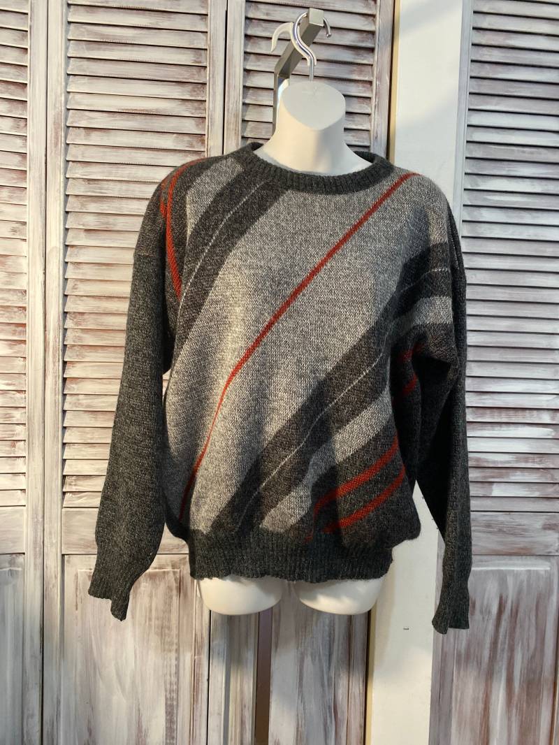Vintage Herrenpullover - 80Er Jahre Pullover in Grau Und Rot, Made France, Größe Large von EcoloreMode