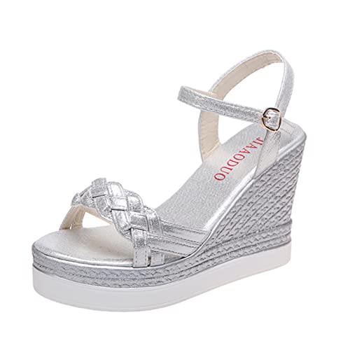 Ecoodisk Damen Sandalen Keilabsatz Schuhe Sommer Plateau Sandalen Frauen Schuhe Schnalle Damen Slip on Peep Toe Weave Damen Casual-Silber, 33 von Ecoodisk