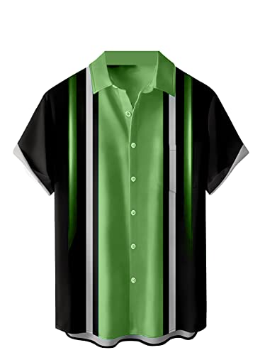 Bowling-Shirts für Herren Vintage 50er Jahre Kurzarm Farbverlauf Streifen Gedruckt Casual Button Down Strandhemd, Bowling Gradient Streifen Hellgrün, L Bowling-Shirts für Herren Vintage 50er Jahre Kurzarm Farbverlauf Streifen Gedruckt Casual Button Down Strandhemd, Bowling Gradient Streifen Hellgrün, L von Ecosunny