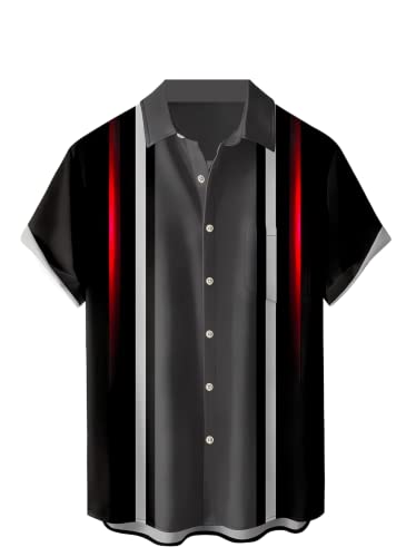 Bowling-Shirts für Herren Vintage 50er Jahre Kurzarm Farbverlauf Streifen Gedruckt Casual Button Down Strandhemd, Bowling Gradient Stripe Schwarz, XL von Ecosunny