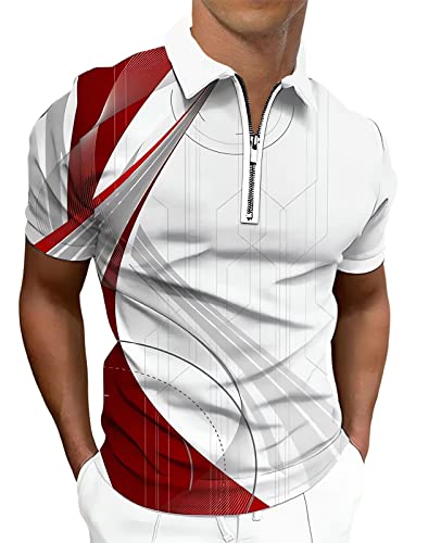 Ecosunny Herren Kurzarm Poloshirt 3D Reißverschluss Casual Slim Fit Golf Shirts, A Linear 3D Red, XX-Large von Ecosunny