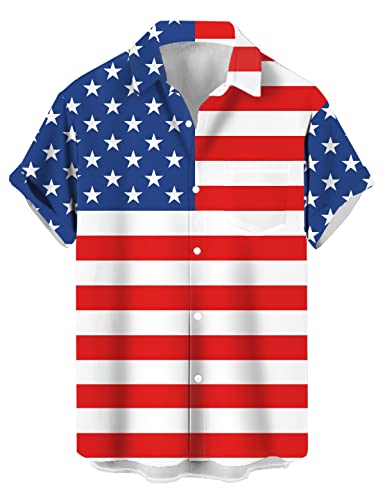 Herren Kurzarm Button Down Bowling Shirts Hawaii Casual Gedruckt Sommer Regular Fit Strand Aloha Shirt, Amerikanische Flagge Print 2, L von Ecosunny