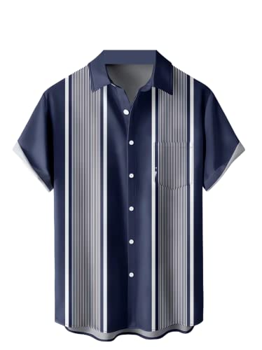 Herren Kurzarm Button Down Bowling Shirts Hawaii Casual Gedruckt Sommer Regular Fit Strand Aloha Shirt, Bowling Geometrische Linie, L von Ecosunny