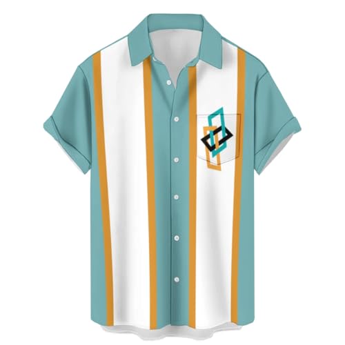 Herren Retro Bowling Shirts Hawaii Strand Hemd Vintage Gedruckt Brusttasche Hemd Kurzarm Casual Button Down, GEOMETRIE, 5X-Groß von Ecosunny