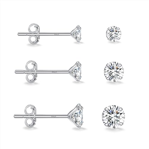 Ecripe 3 Paar 925 Sterling Silber Ohrringe für Frauen, Hypoallergen Cubic Zirkonia Ohrstecker Set, Komfortable Ohrringe Echt Silber Geschenk für Damen 3/4/5mm von Ecripe