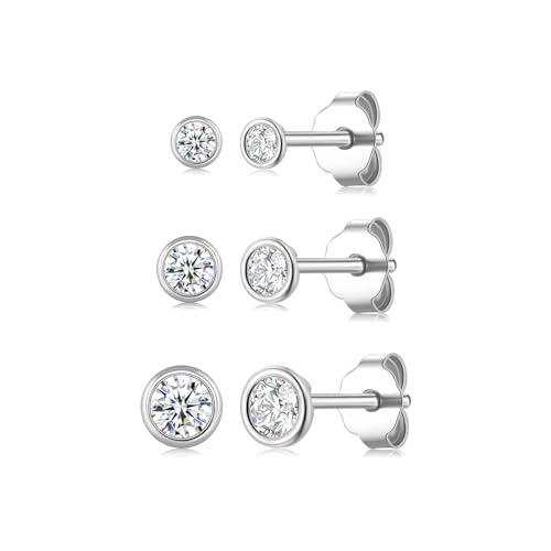 Ecripe 3 Paar 925 Sterling Silber Ohrstecker, Hypoallergene Cubic Zirkonia Ohrstecker Silber für Frauen, Funkelnde Ohrläppchen Knorpel Ohrstecker, Ohrringe für den Schlaf Ohrringe Damen (2/3/4 mm) von Ecripe