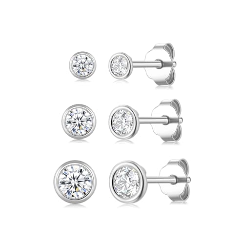 Ecripe 3 Paar 925 Sterling Silber Ohrstecker, Hypoallergene Cubic Zirkonia Ohrstecker Silber für Frauen, Funkelnde Ohrläppchen Knorpel Ohrstecker, Ohrringe für den Schlaf Ohrringe Damen (3/4/5 mm) von Ecripe