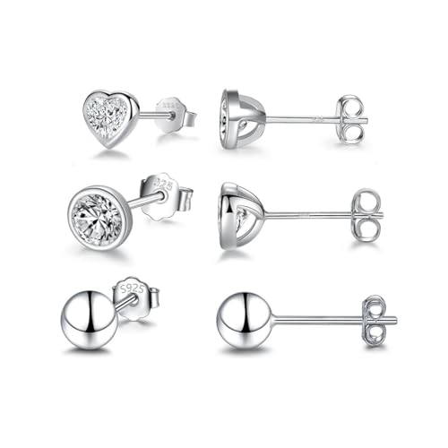 Ecripe 3 Paar 925 Sterling Silber Ohrstecker, Hypoallergene Cubic Zirkonia Ohrstecker Silber für Frauen, Funkelnde Ohrläppchen Knorpel Ohrstecker, Ohrringe für den Schlaf Ohrringe Damen (Herz) von Ecripe