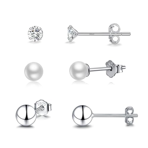 Ecripe 3 Paar 925 Sterling Silber Ohrstecker, Hypoallergene Cubic Zirkonia Ohrstecker Silber für Frauen, Funkelnde Ohrläppchen Knorpel Ohrstecker, Ohrringe für den Schlaf Ohrringe Damen (Perlen) von Ecripe