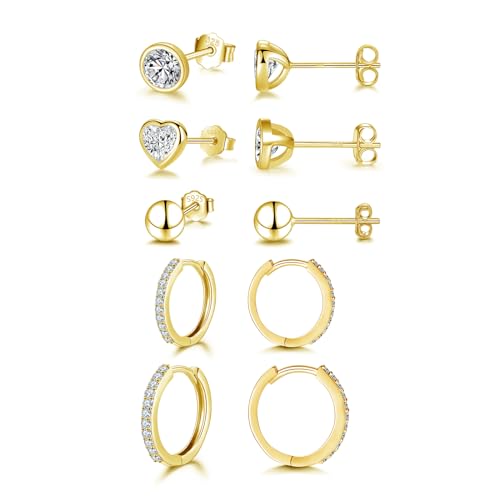 Ecripe 5 Paar 925 Sterling Silber Ohrringe Set für Frauen, 3 Paar 14K Gold Mini Ohrstecker 2 Paar Creolen mit Cubic Zirkonia, Hypoallergene Klein Knorpel Ohrringe für Mädchen (Gold) von Ecripe