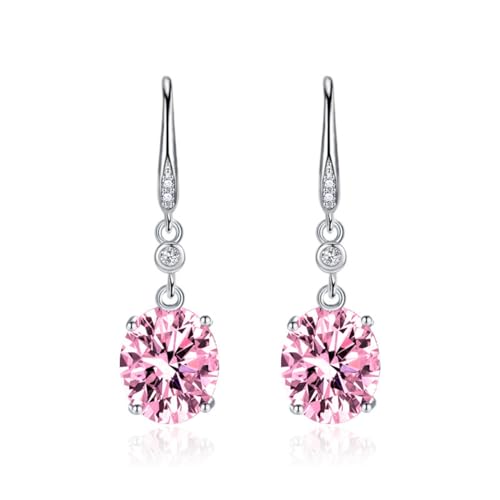 Ecripe 925 Sterling Silber Geburtsstein Ohrringe Damen, Cubic Zirkonia Silber 925 Haken Ohrringe mit Ovale Anhängern, Hypoallergen Birthstone Ohrstecker Hängend Damenschmuck (Silber-Pink) von Ecripe