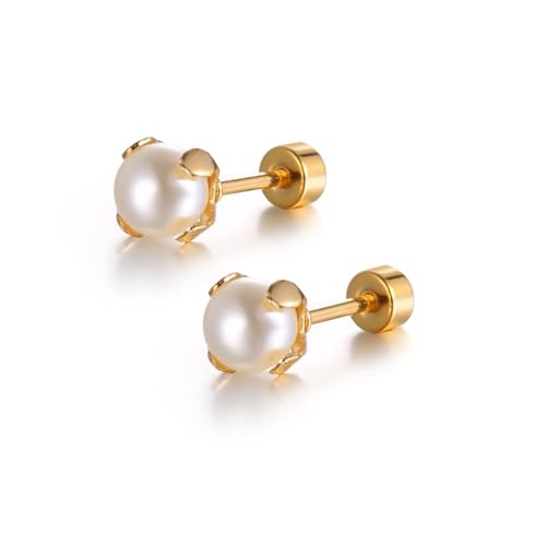 Ecripe Perlen Gold Kleine Ohrstecker Damen, 6mm Süßwasserperlen Mini Vergoldete Ohrringe Stecker, Nickelfrei Weiß Pearl Chirurgenstahl Gold Ohrringe für Frauen Mädchen von Ecripe