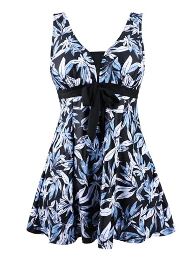 Ecupper Badeanzug Damen Elegant Einteiliger Badeanzug Mit Brustpolster Badeanzugkleid Baderock Blaues Blatt 4XL von Ecupper