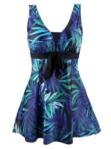 Ecupper Badeanzug Damen Elegant Einteiliger Badeanzug Mit Brustpolster Badeanzugkleid Baderock Grünes Blatt XL von Ecupper