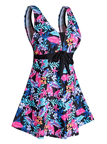 Ecupper Badeanzug Damen Elegant Einteiliger Badeanzug mit Brustpolster Badeanzugkleid mit Schleife Badeanzug Große Größe Lila Blume 2XL von Ecupper