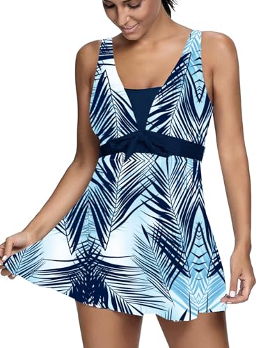 Ecupper Badeanzug Damen Elegant Einteiliger Badeanzug Mit Brustpolster Badeanzugkleid Baderock Saphirblatt L von Ecupper